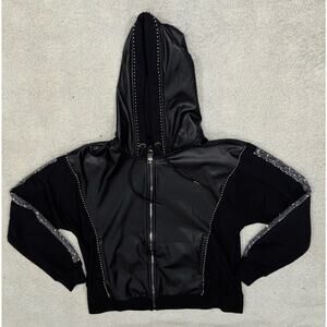 Mobwife Y2K Black Hooded Faux Leather Jacket With Silver And Crystal Bling